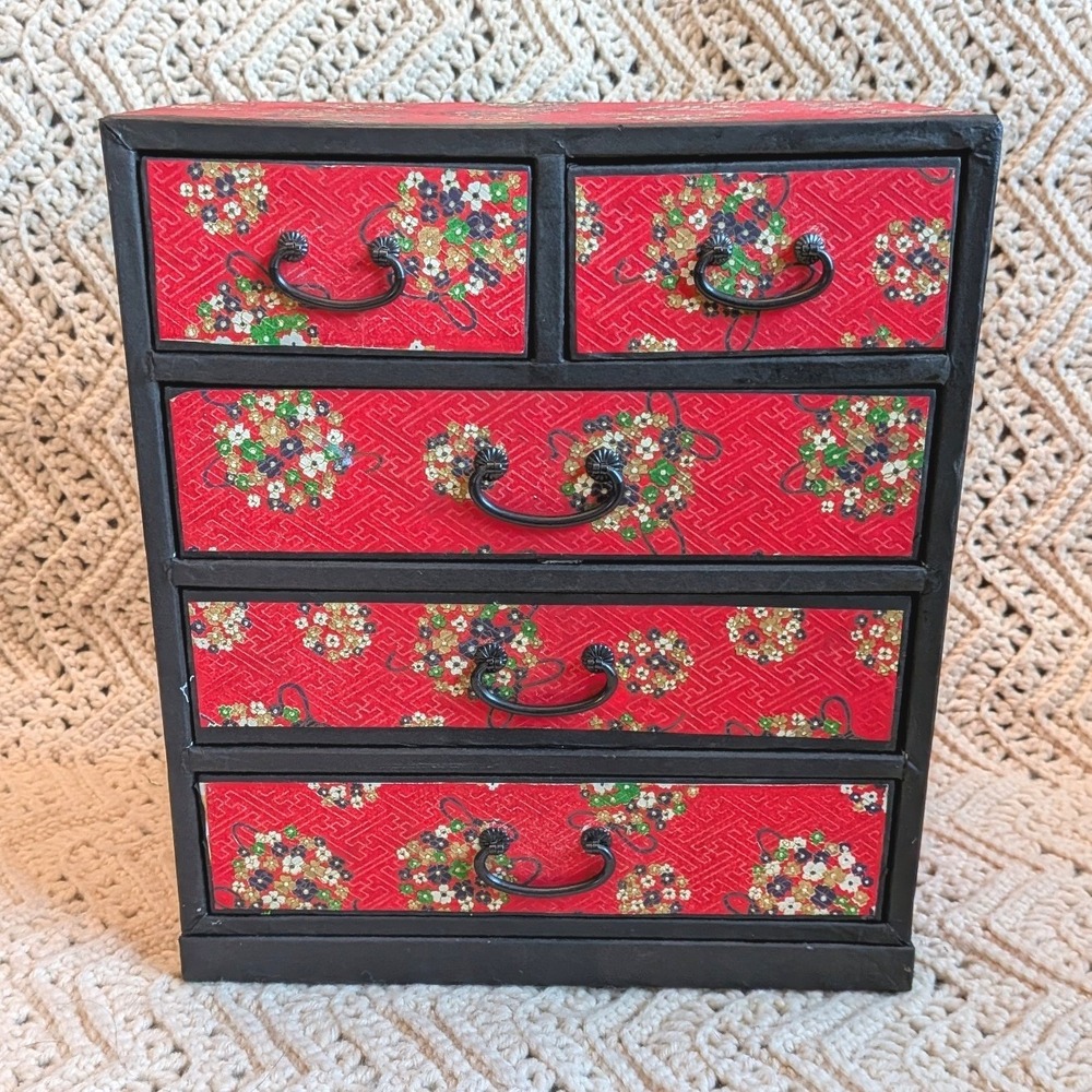 Vintage Japanese Red Floral Paper Mache Jewelry Chest Tansu Box Organizer CUTE!